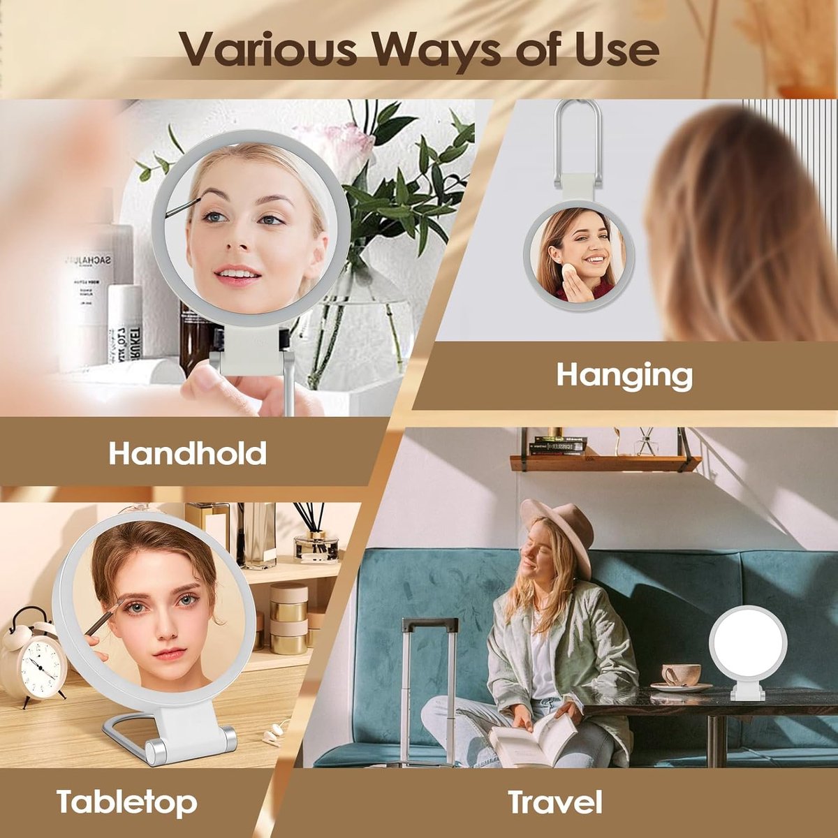 Mirror - Lighted Mirror - Makeup Mirror - 10x Magnifying Mirror - Double-Sided Lighted Makeup Mirror - Adjustable Brightness - Rechargeable and Foldable LED Desktop Mirror - Suitable for Bedroom, Bathroom, and Travel - Wit - Image 3