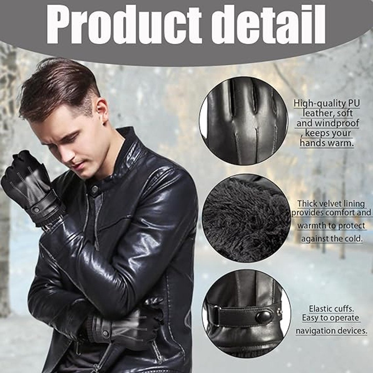 Winter Gloves - Men's Leather Winter Gloves - Black Lining - Warm Synthetic Leather - Touchscreen Compatible, Windproof and Anti-Slip - Perfect for Driving - Perfect for Christmas - Christmas Gift Idea - Image 4