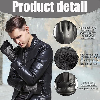 Winter Gloves - Men's Leather Winter Gloves - Black Lining - Warm Synthetic Leather - Touchscreen Compatible, Windproof and Anti-Slip - Perfect for Driving - Perfect for Christmas - Christmas Gift Idea - Image 4