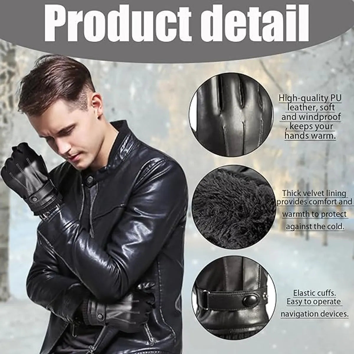 Winter Gloves - Men's Leather Winter Gloves - Black Lining - Warm Synthetic Leather - Touchscreen Compatible, Windproof and Anti-Slip - Perfect for Driving - Perfect for Christmas - Christmas Gift Idea - Image 4