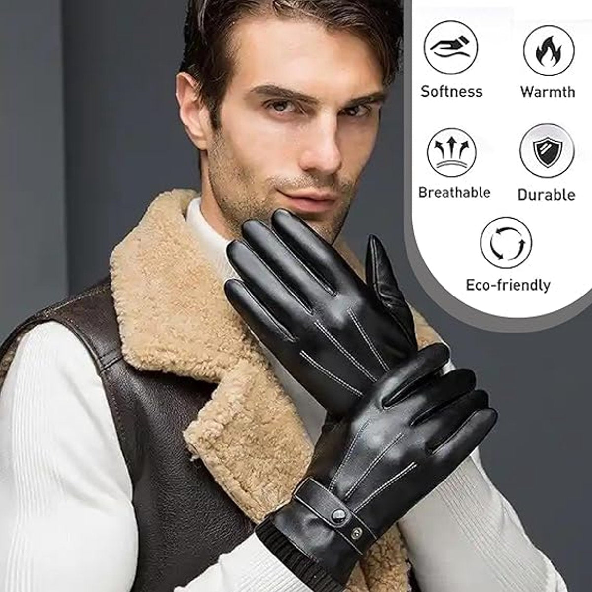 Winter Gloves - Men's Leather Winter Gloves - Black Lining - Warm Synthetic Leather - Touchscreen Compatible, Windproof and Anti-Slip - Perfect for Driving - Perfect for Christmas - Christmas Gift Idea - Image 6