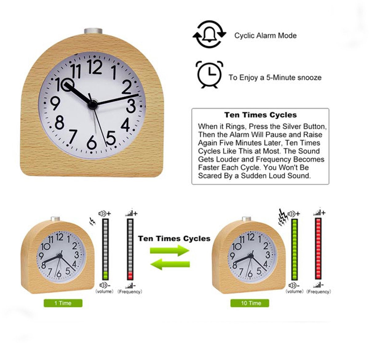 Wekker analog wooden clock with snooze function - Wekker Vintage with luminous Klok - Silent vintage wooden desk clock with no ticking sound - Light brown natural wood - Image 3