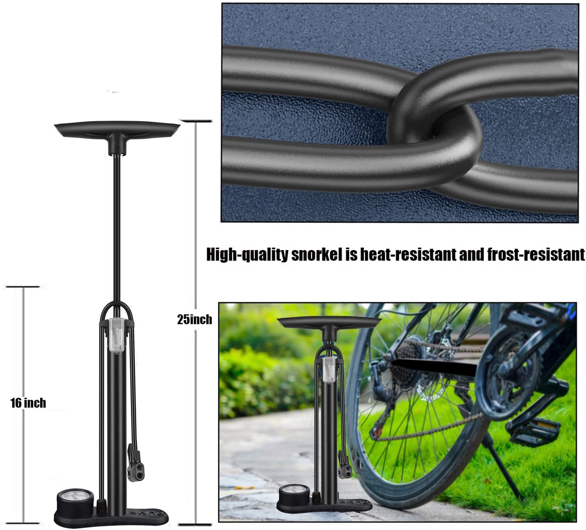 Bicycle pump - Bicycle pump with pressure gauge - Double valve head - Schrader and French valves - Foot pump - Practical for baby on the go or for travel - Black - Image 6