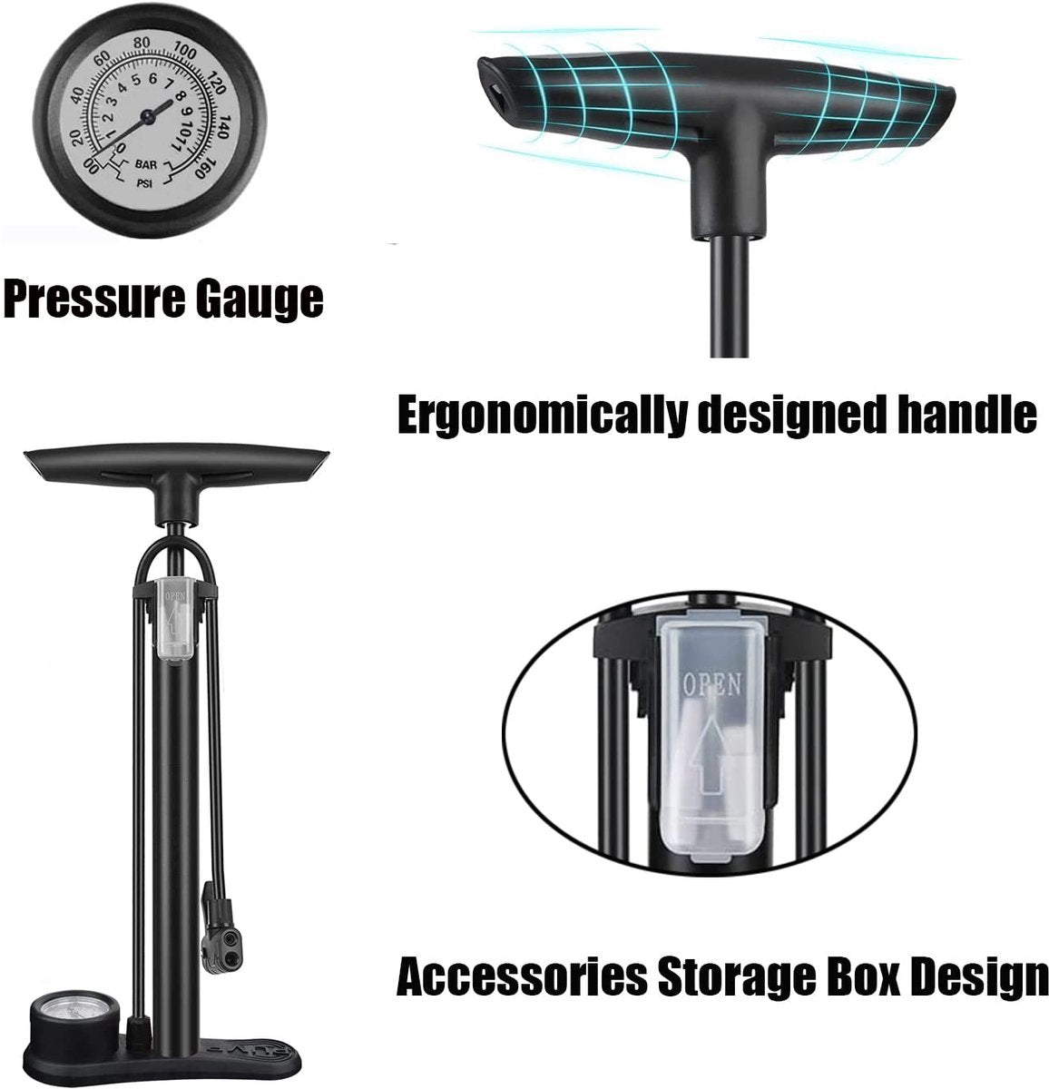 Bicycle pump - Bicycle pump with pressure gauge - Double valve head - Schrader and French valves - Foot pump - Practical for baby on the go or for travel - Black - Image 7