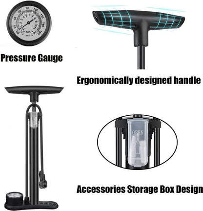 Bicycle pump - Bicycle pump with pressure gauge - Double valve head - Schrader and French valves - Foot pump - Practical for baby on the go or for travel - Black - Image 7