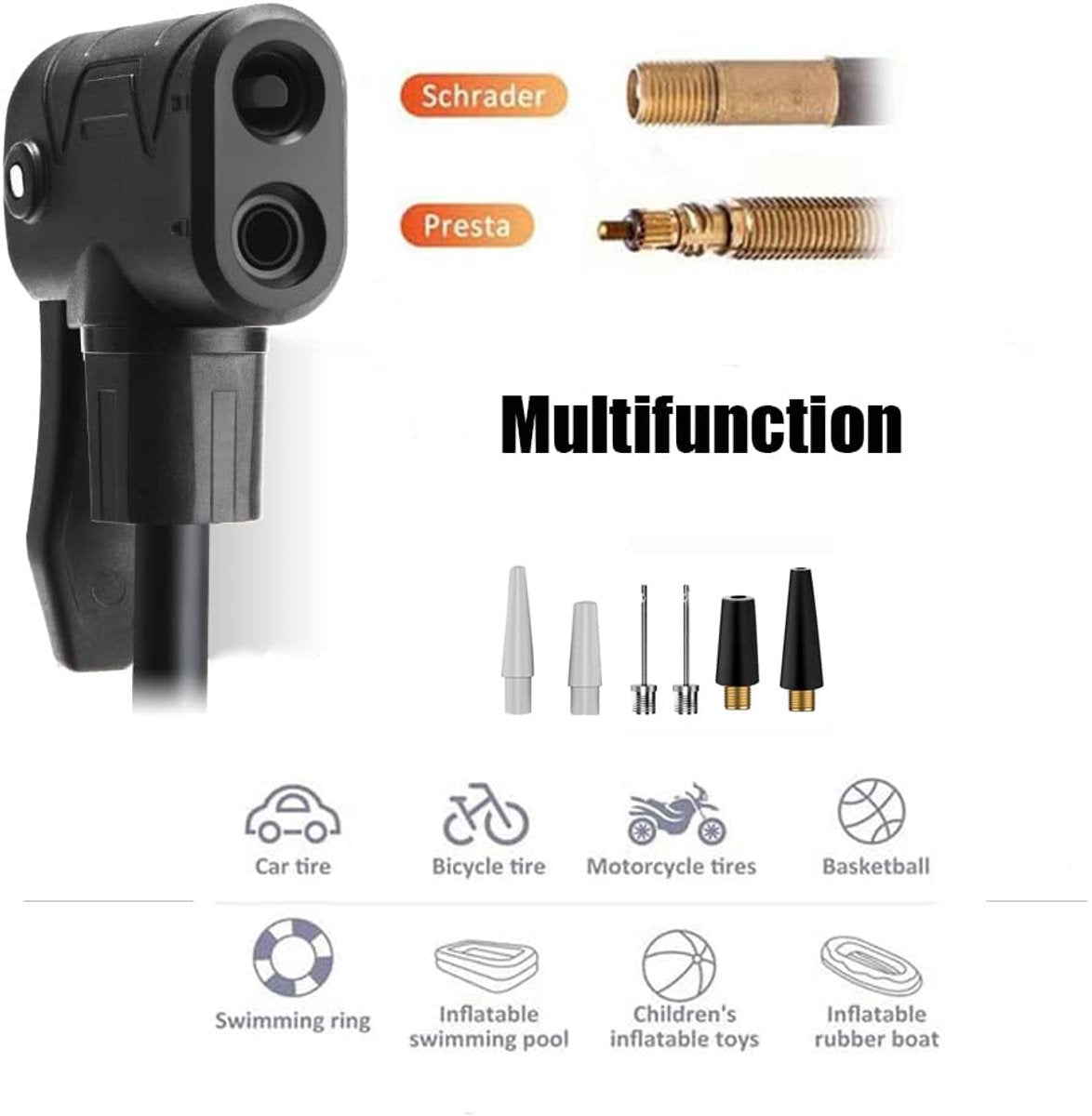 Bicycle pump - Bicycle pump with pressure gauge - Double valve head - Schrader and French valves - Foot pump - Practical for baby on the go or for travel - Black - Image 8