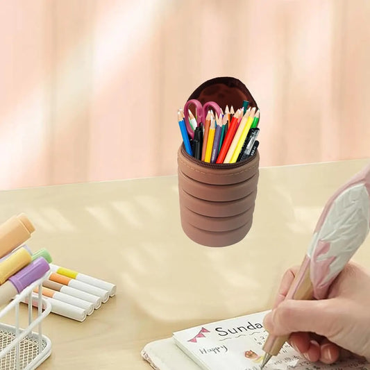 2-in-1 telescopic pencil case in soft silicone, cute kitten-shaped pencil case, ideal for storing stationery, brown, for girls and boys - Image 3