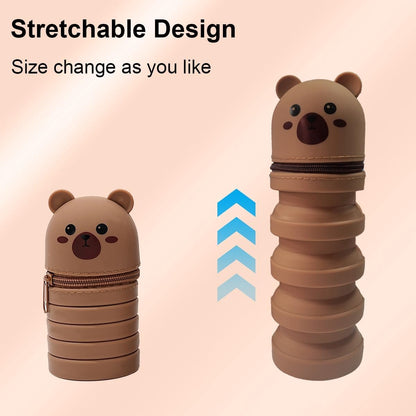 2-in-1 telescopic pencil case in soft silicone, cute kitten-shaped pencil case, ideal for storing stationery, brown, for girls and boys - Image 4