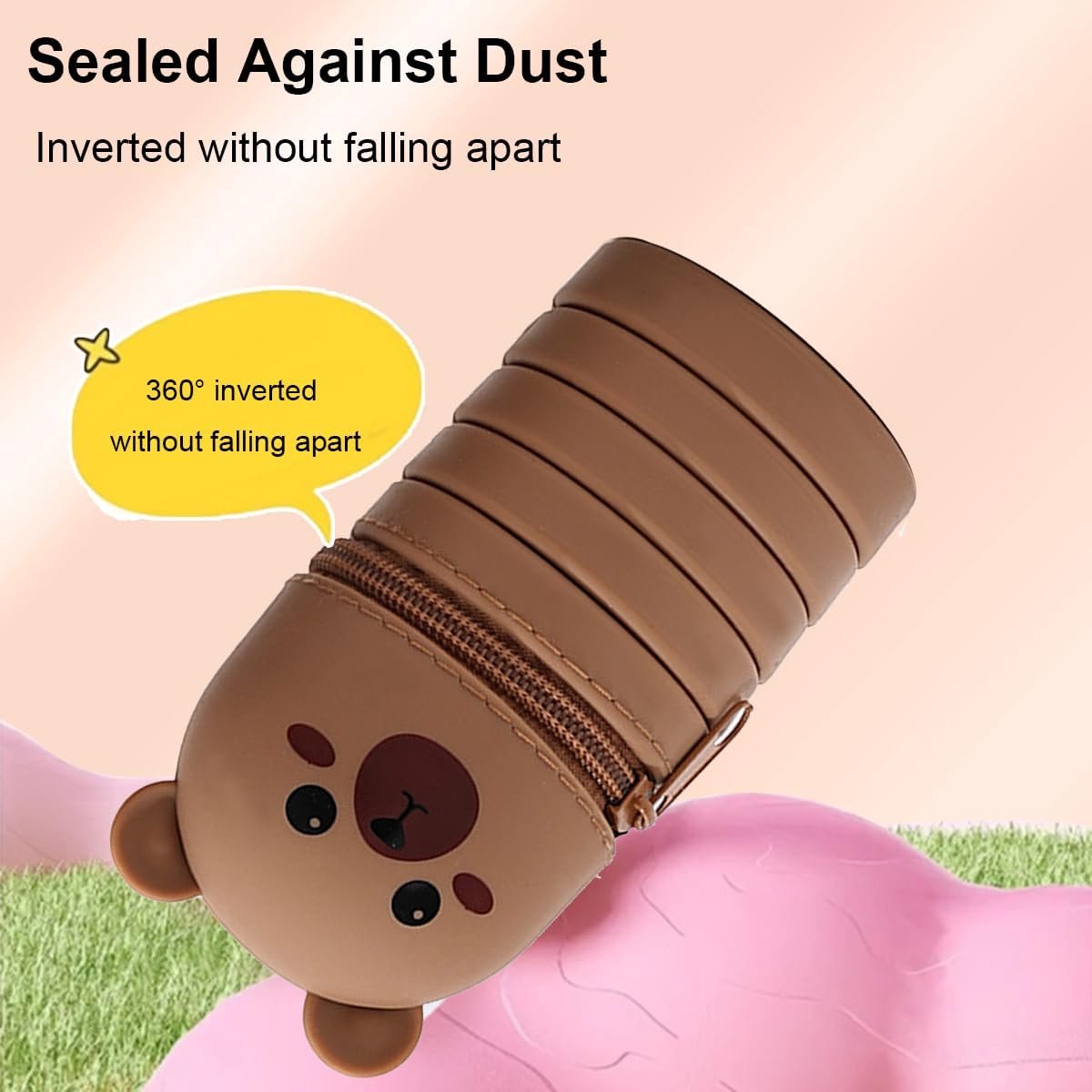2-in-1 telescopic pencil case in soft silicone, cute kitten-shaped pencil case, ideal for storing stationery, brown, for girls and boys - Image 5