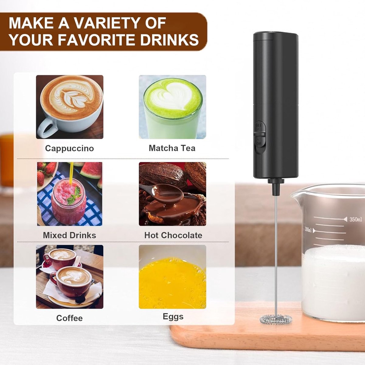 Milk Frother - Milk Frothers - Manual Milk Frother - Electric Milk Frother - Functional Electric Milk Frother - Portable Electric Milk Frother - With Whisk - For Coffee, Matcha, Latte and Cappuccino - Image 3