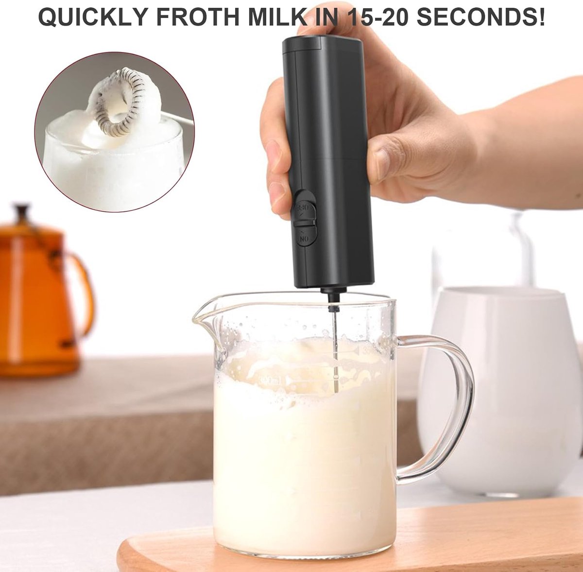 Milk Frother - Milk Frothers - Manual Milk Frother - Electric Milk Frother - Functional Electric Milk Frother - Portable Electric Milk Frother - With Whisk - For Coffee, Matcha, Latte and Cappuccino - Image 6