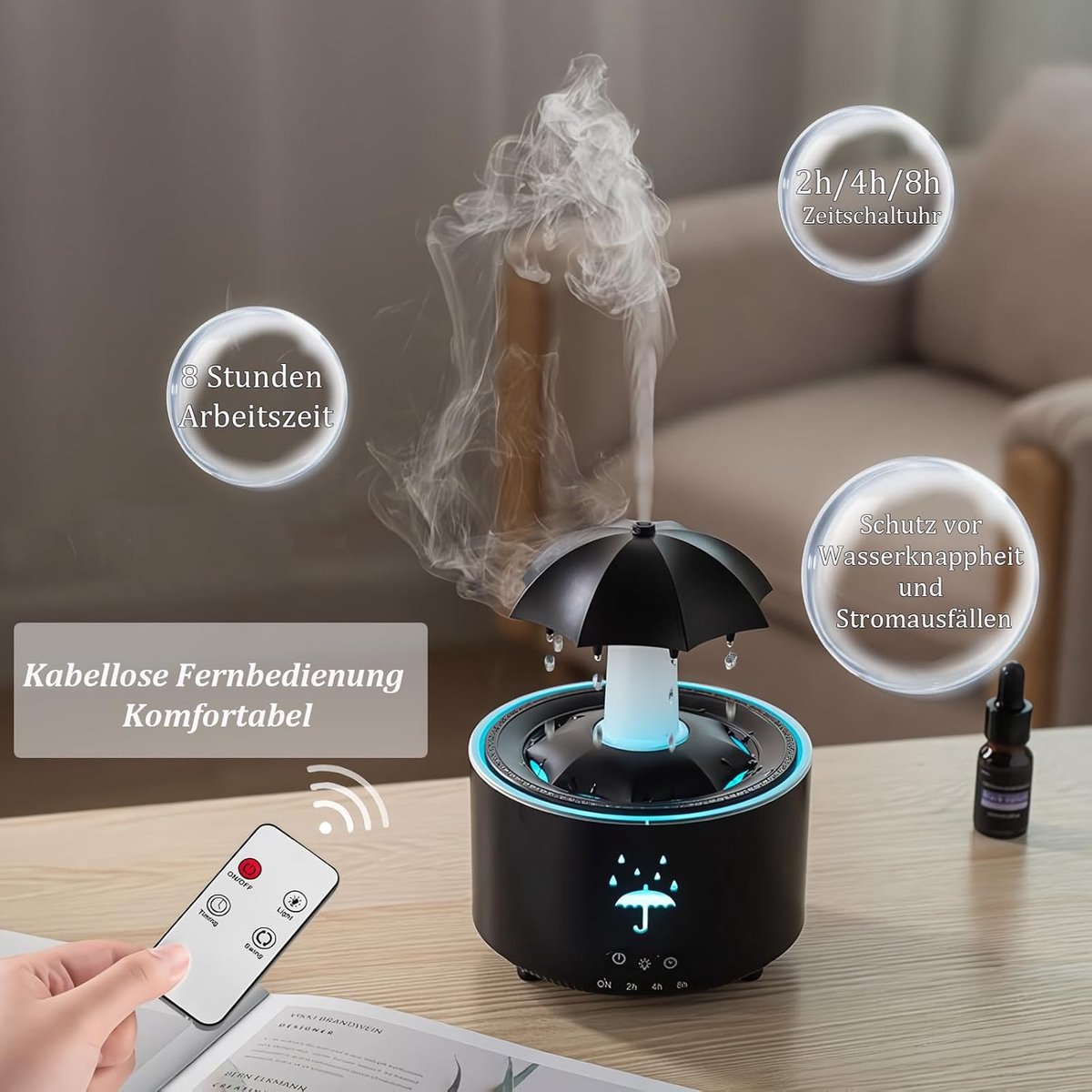 Aromatherapy Humidifier - Umbrella Humidifier - 300ml Rotating Humidifier for Bedroom with Remote Control and Timer - 7-Color LED - Humidifier for Living Room or Children's Room - Humidifiers (Black) - Image 2