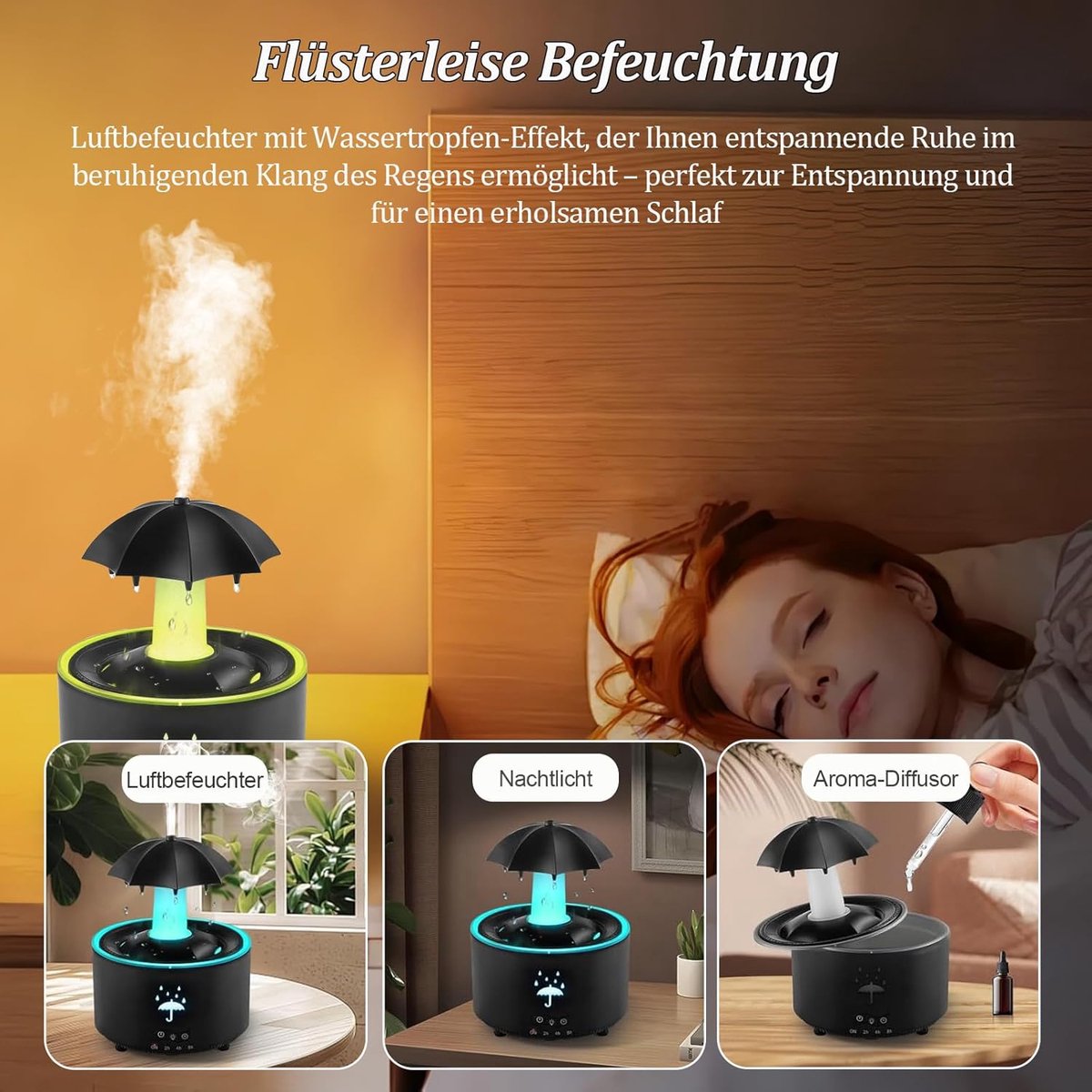 Aromatherapy Humidifier - Umbrella Humidifier - 300ml Rotating Humidifier for Bedroom with Remote Control and Timer - 7-Color LED - Humidifier for Living Room or Children's Room - Humidifiers (Black) - Image 3