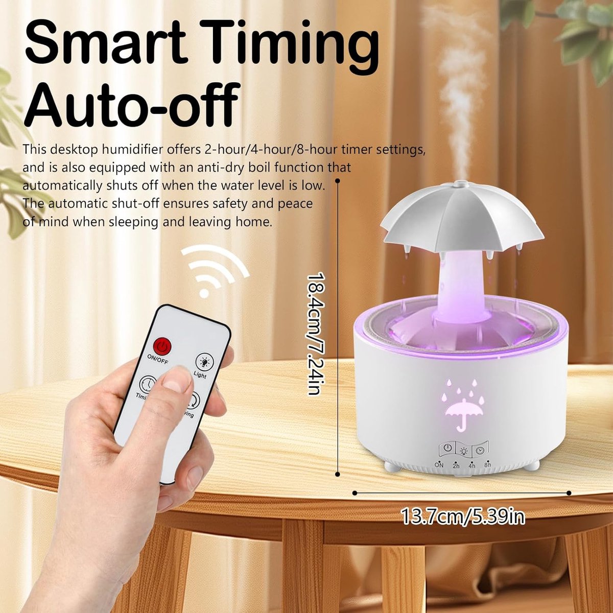 Aromatherapy Humidifier - Umbrella Humidifier - 300ml Rotating Humidifier for Bedroom with Remote Control and Timer - 7-Color LED Humidifier for Living Room or Children's Room - Humidifiers (White) - Image 2