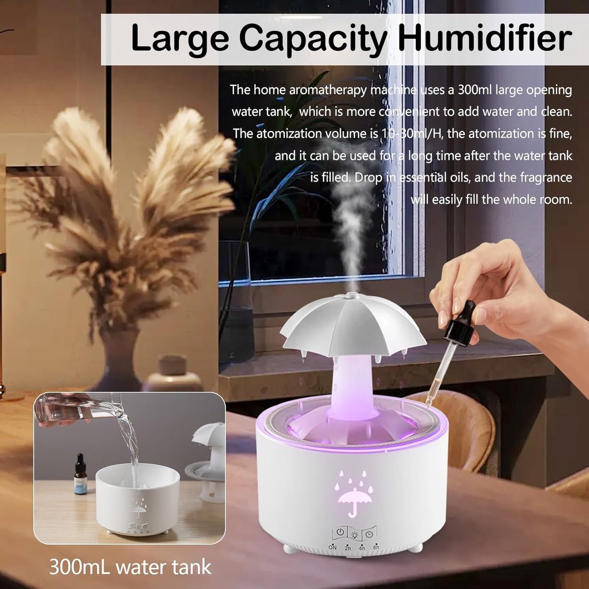 Aromatherapy Humidifier - Umbrella Humidifier - 300ml Rotating Humidifier for Bedroom with Remote Control and Timer - 7-Color LED Humidifier for Living Room or Children's Room - Humidifiers (White) - Image 3