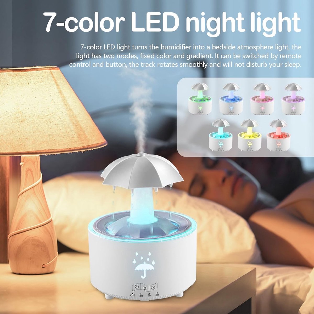 Aromatherapy Humidifier - Umbrella Humidifier - 300ml Rotating Humidifier for Bedroom with Remote Control and Timer - 7-Color LED Humidifier for Living Room or Children's Room - Humidifiers (White) - Image 4