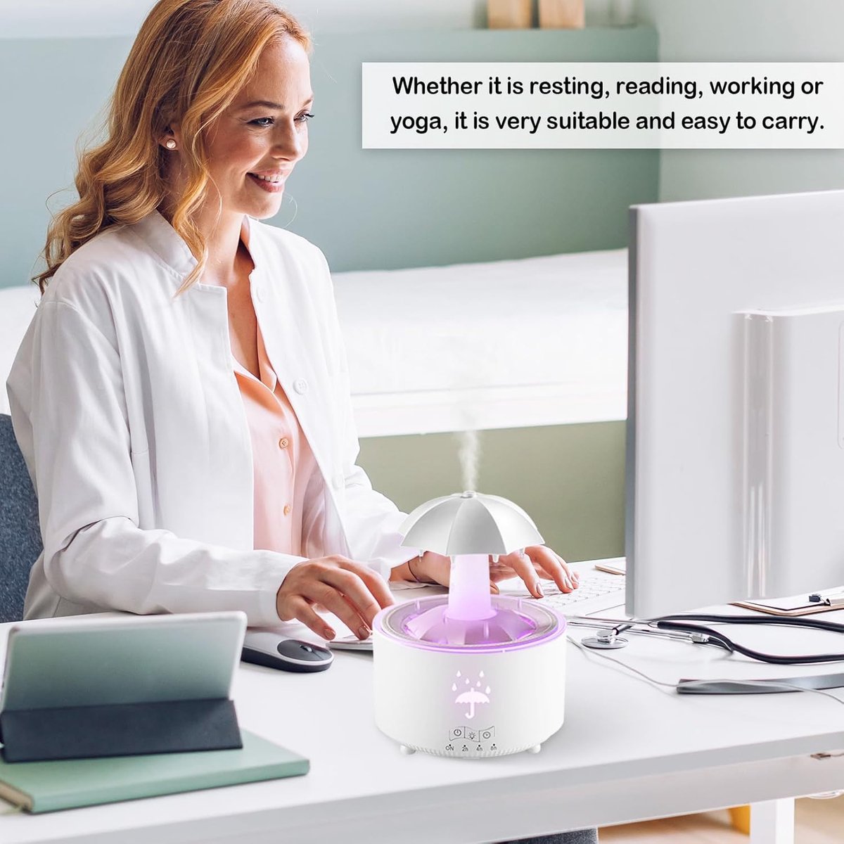 Aromatherapy Humidifier - Umbrella Humidifier - 300ml Rotating Humidifier for Bedroom with Remote Control and Timer - 7-Color LED Humidifier for Living Room or Children's Room - Humidifiers (White) - Image 6