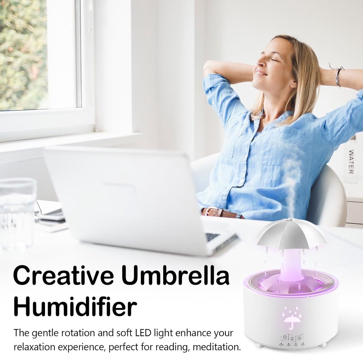 Aromatherapy Humidifier - Umbrella Humidifier - 300ml Rotating Humidifier for Bedroom with Remote Control and Timer - 7-Color LED Humidifier for Living Room or Children's Room - Humidifiers (White) - Image 8