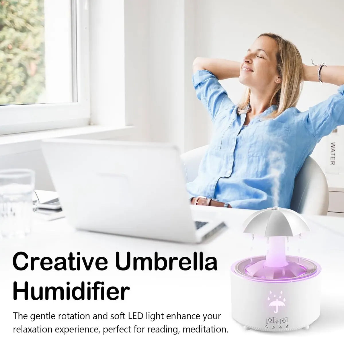 Aromatherapy Humidifier - Umbrella Humidifier - 300ml Rotating Humidifier for Bedroom with Remote Control and Timer - 7-Color LED Humidifier for Living Room or Children's Room - Humidifiers (White) - Image 8
