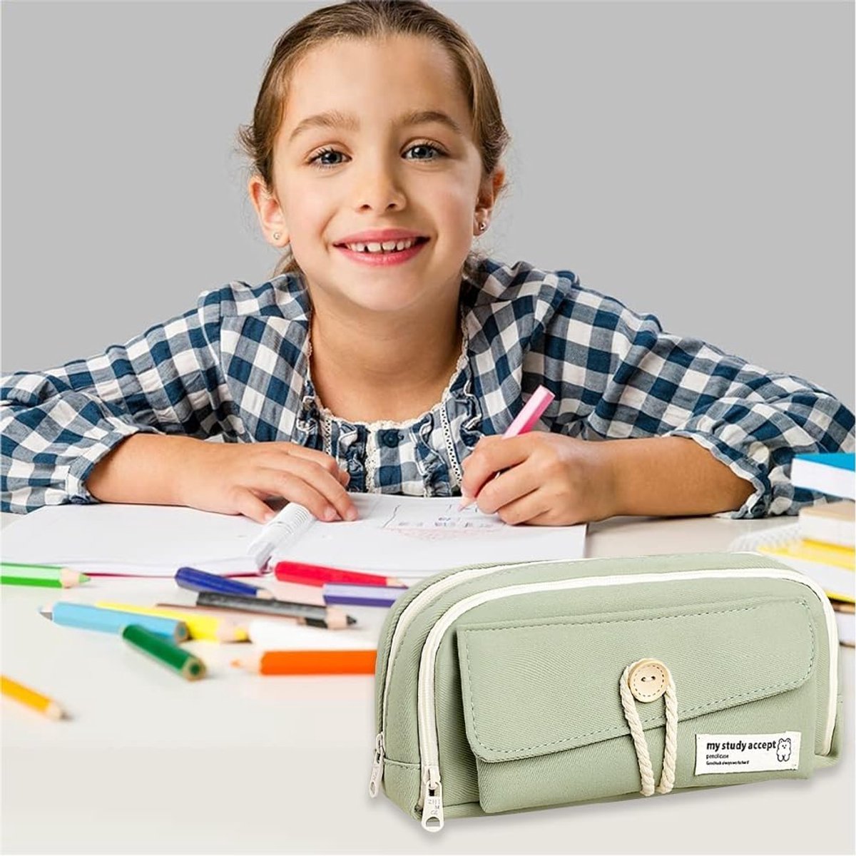 Expandable pencil case with 3 large compartments for girls, boys and students (light green), green, [light green, canvas] - Image 2