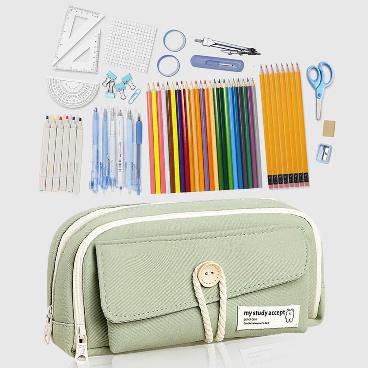 Expandable pencil case with 3 large compartments for girls, boys and students (light green), green, [light green, canvas] - Image 3