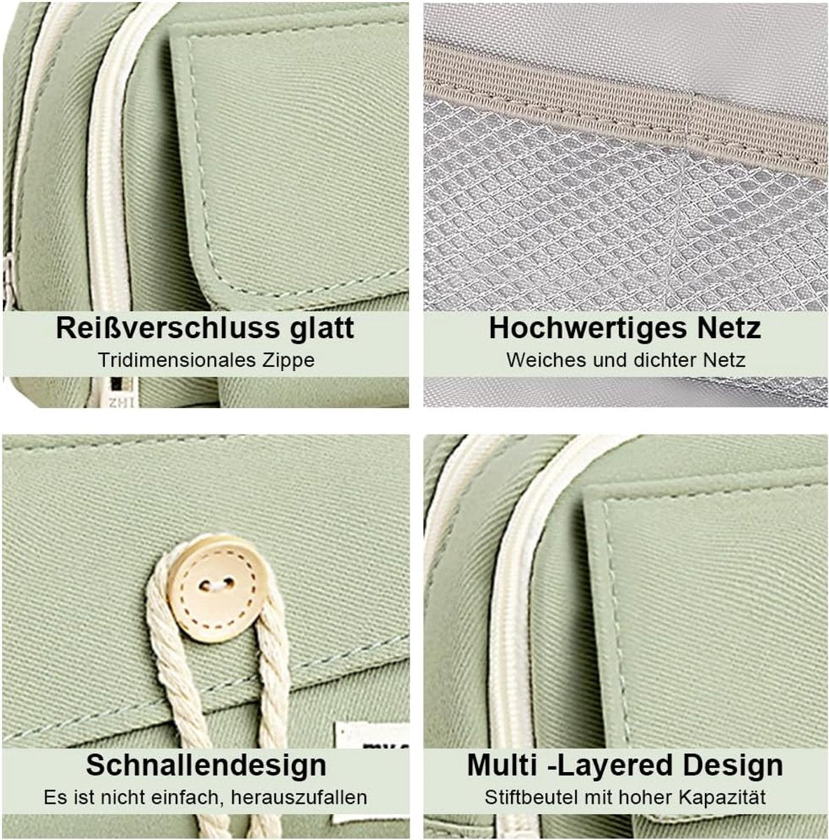 Expandable pencil case with 3 large compartments for girls, boys and students (light green), green, [light green, canvas] - Image 5