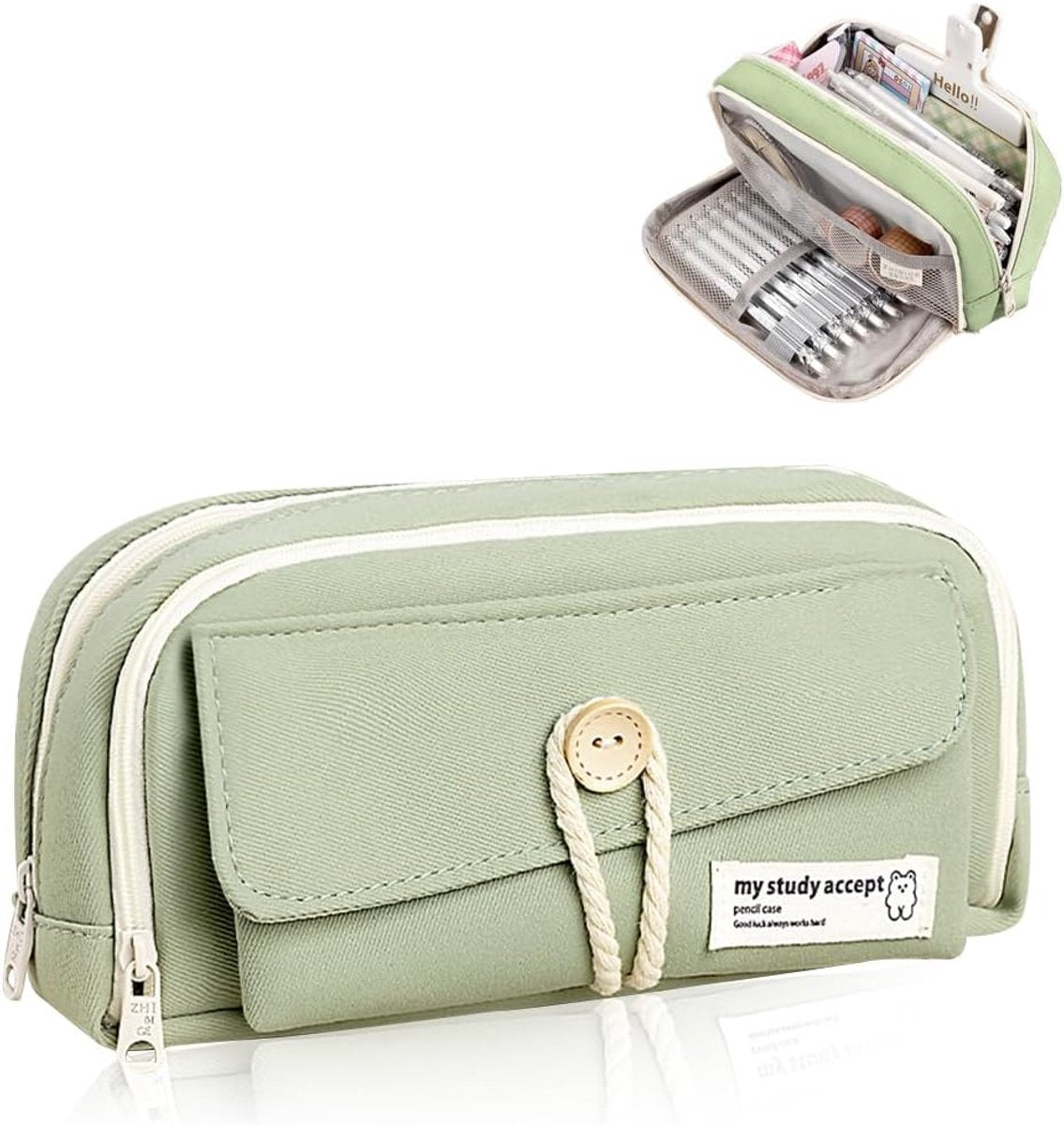 Expandable pencil case with 3 large compartments for girls, boys and students (light green), green, [light green, canvas] - Image 6