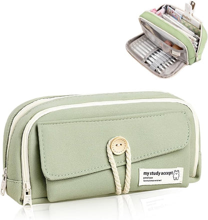 Expandable pencil case with 3 large compartments for girls, boys and students (light green), green, [light green, canvas] - Image 6