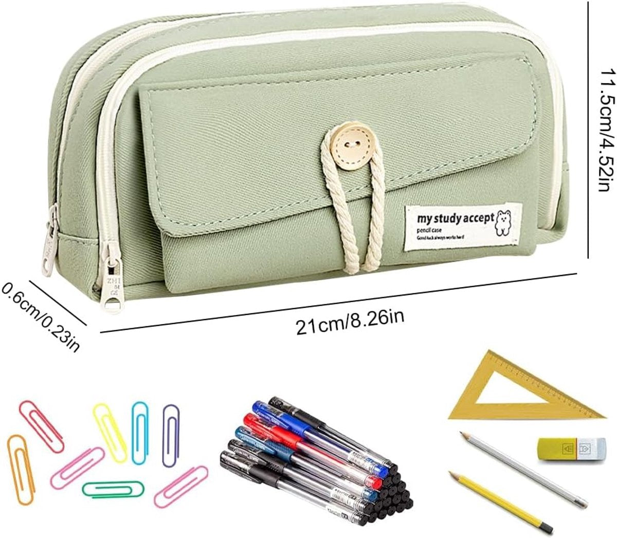 Expandable pencil case with 3 large compartments for girls, boys and students (light green), green, [light green, canvas] - Image 7