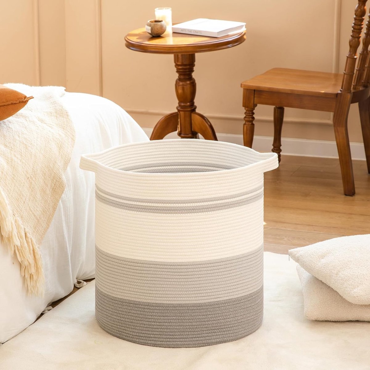 Laundry basket with handles, decorative basket for living room, woven storage basket for toys, cushions, blankets, clothes (gradient grey, 45 x 50 cm) - Image 2
