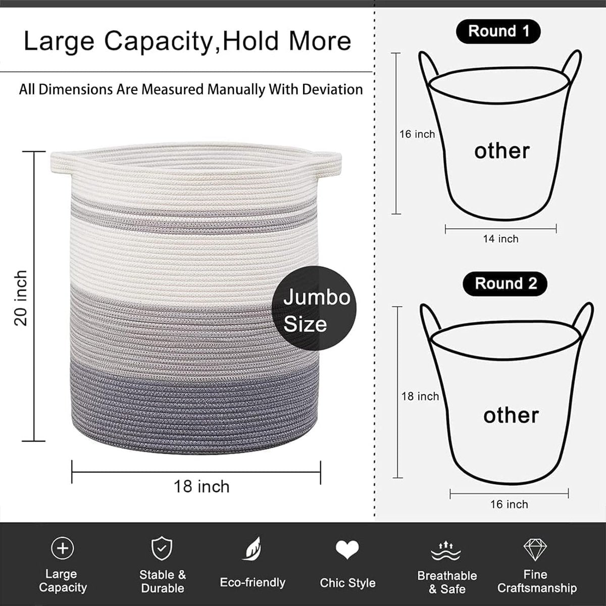 Laundry basket with handles, decorative basket for living room, woven storage basket for toys, cushions, blankets, clothes (gradient grey, 45 x 50 cm) - Image 3
