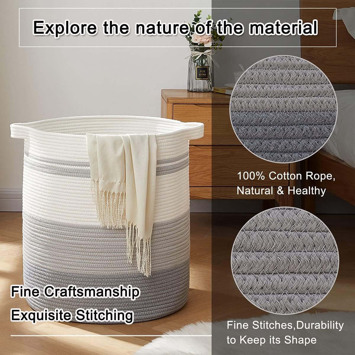 Laundry basket with handles, decorative basket for living room, woven storage basket for toys, cushions, blankets, clothes (gradient grey, 45 x 50 cm) - Image 5