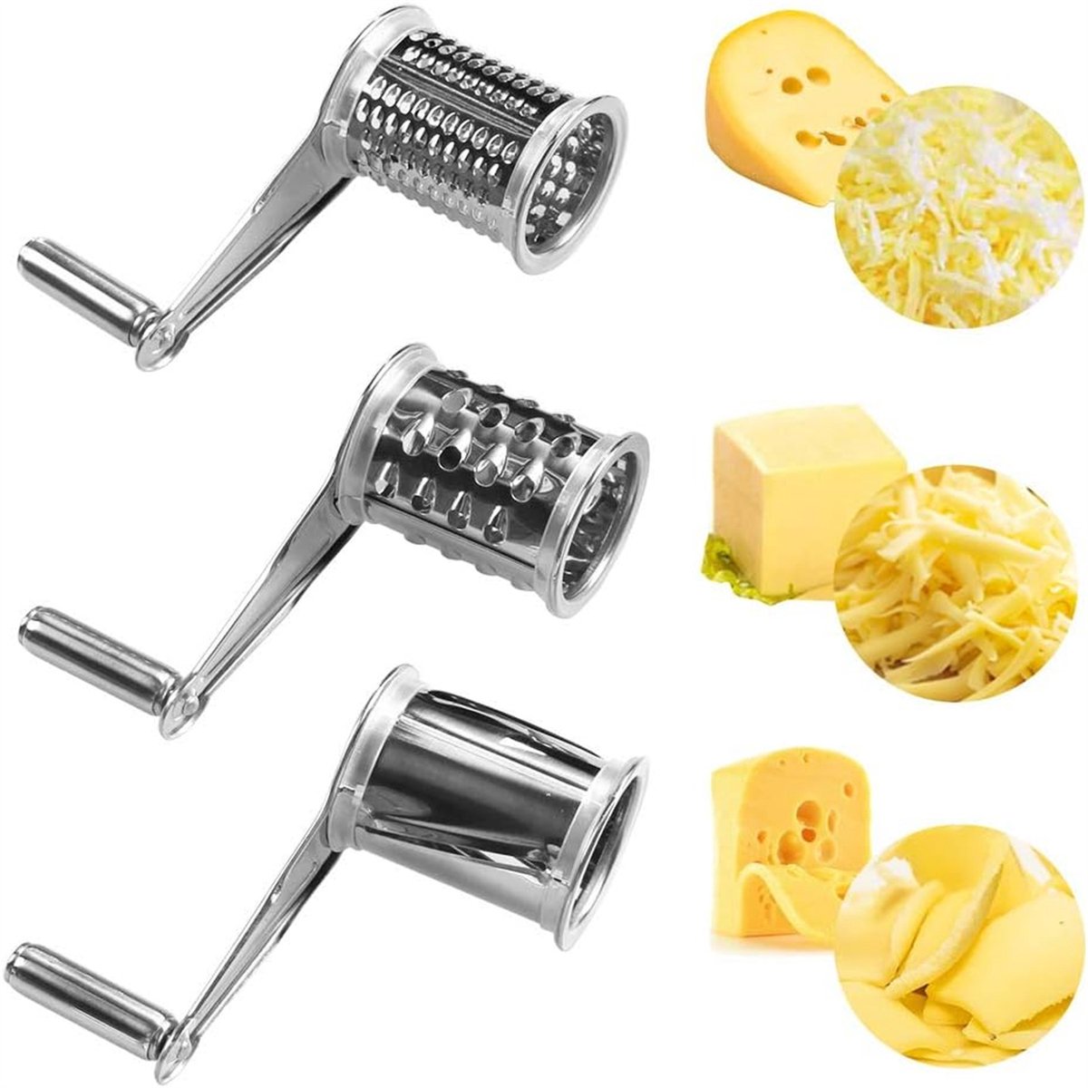 Cheese Grater - Stainless Steel Drum Grater - Hard Cheese Grinder - Efficient and Durable - Dishwasher Safe - Includes 3 Cutting Blades - Suitable for Chocolate and Nuts - Silver - 1 Piece - Image 2
