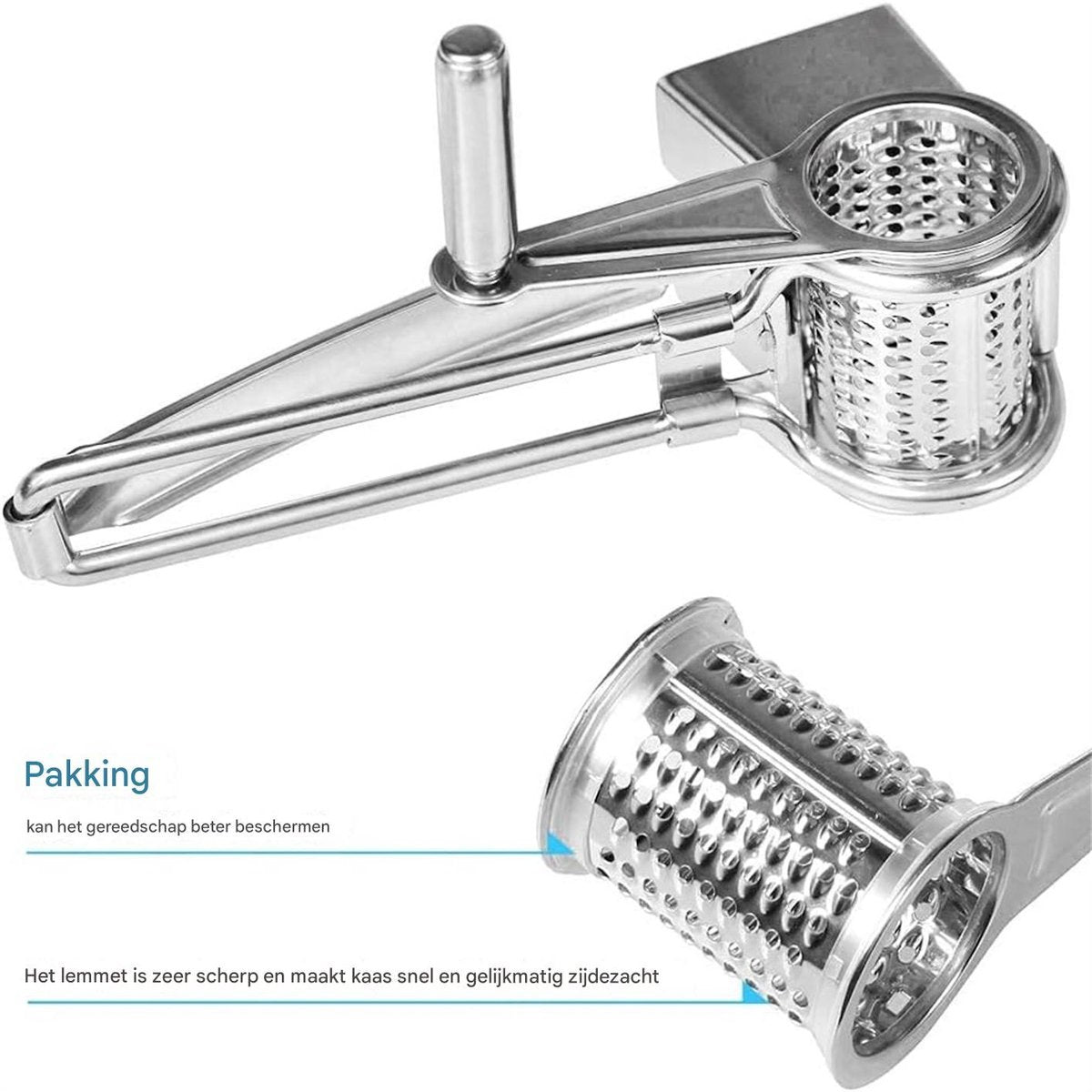 Cheese Grater - Stainless Steel Drum Grater - Hard Cheese Grinder - Efficient and Durable - Dishwasher Safe - Includes 3 Cutting Blades - Suitable for Chocolate and Nuts - Silver - 1 Piece - Image 3