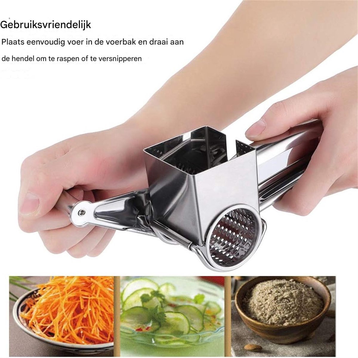 Cheese Grater - Stainless Steel Drum Grater - Hard Cheese Grinder - Efficient and Durable - Dishwasher Safe - Includes 3 Cutting Blades - Suitable for Chocolate and Nuts - Silver - 1 Piece - Image 4
