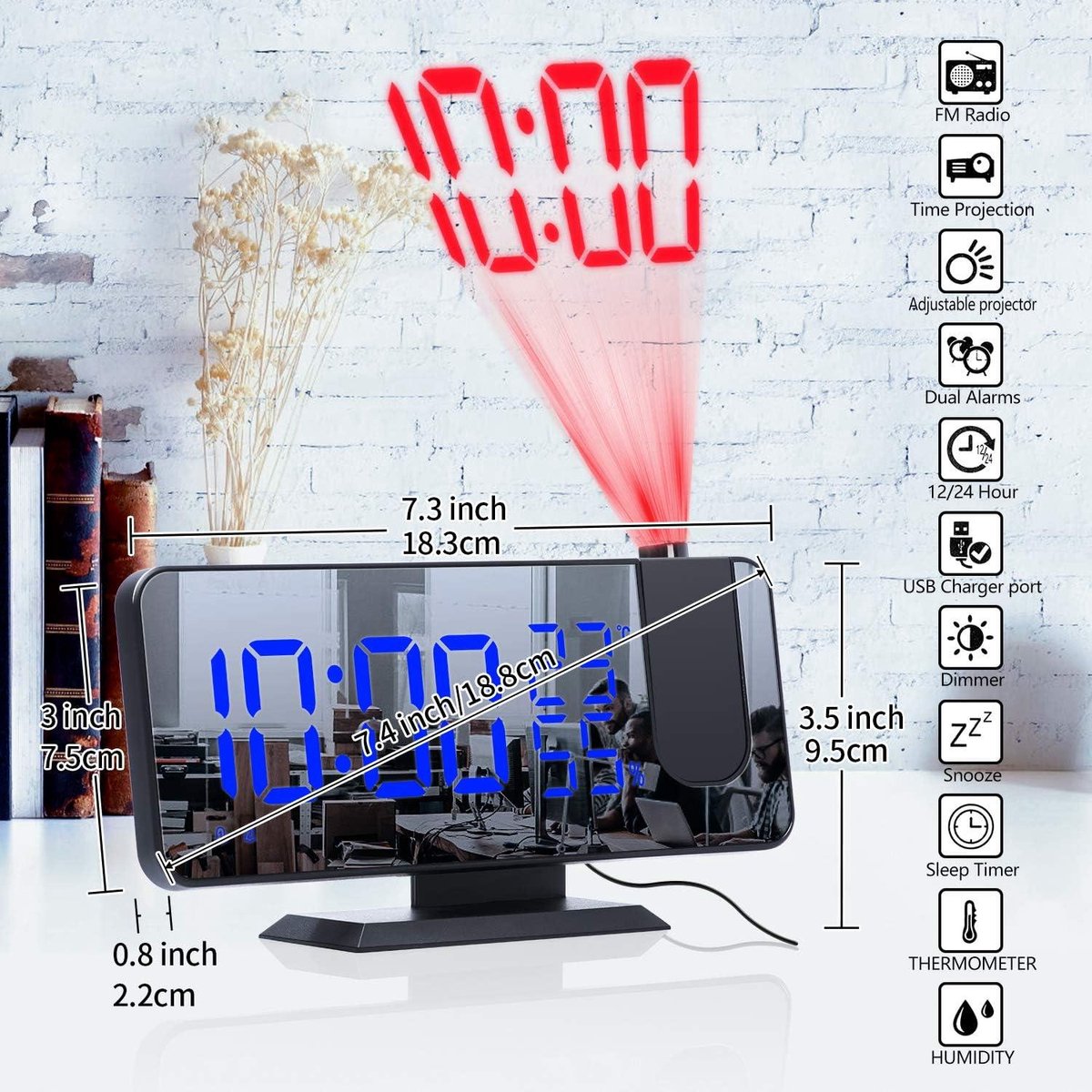 Radio Wekker digital projection with 4 dimmers and 180° rotation - 2 sounds - Groot 7.4'' mirror screen Black-Blue - Image 2