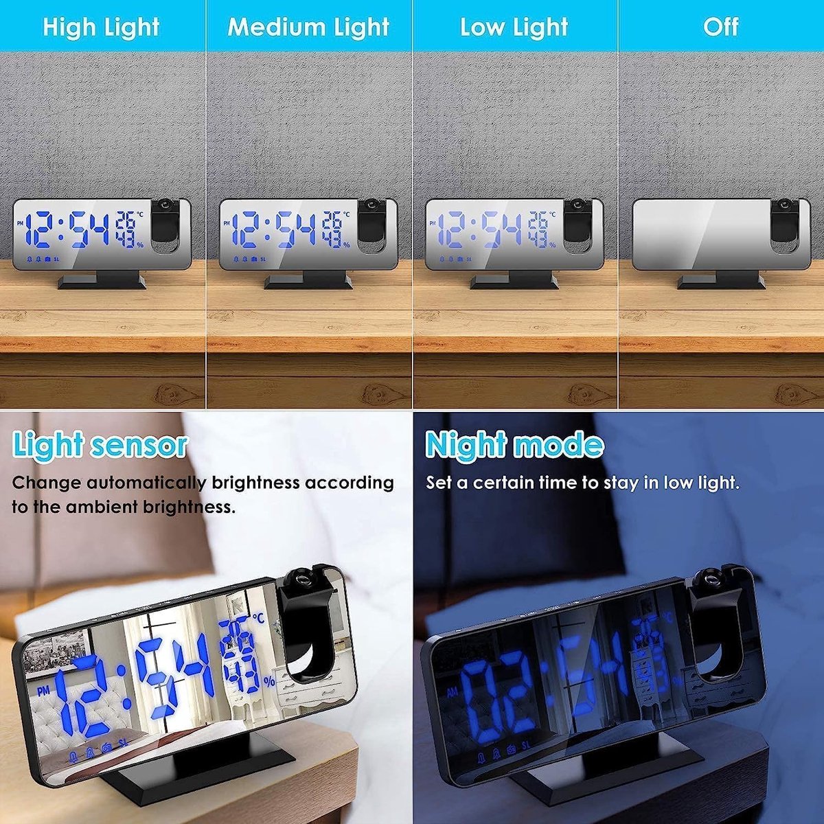 Radio Wekker digital projection with 4 dimmers and 180° rotation - 2 sounds - Groot 7.4'' mirror screen Black-Blue - Image 4
