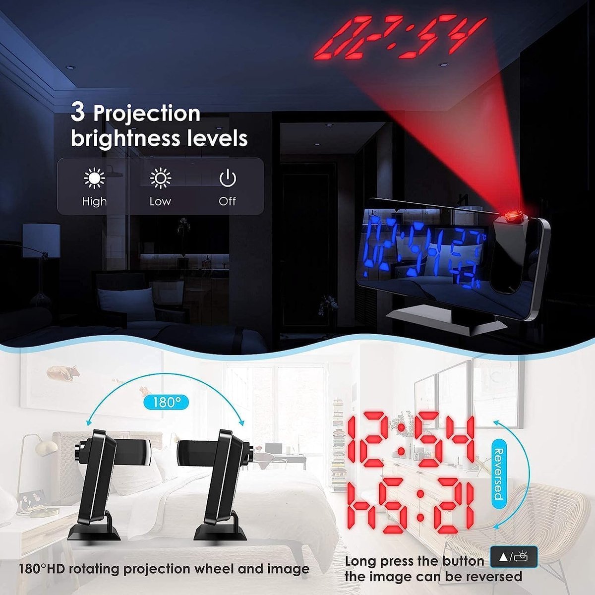 Radio Wekker digital projection with 4 dimmers and 180° rotation - 2 sounds - Groot 7.4'' mirror screen Black-Blue - Image 5