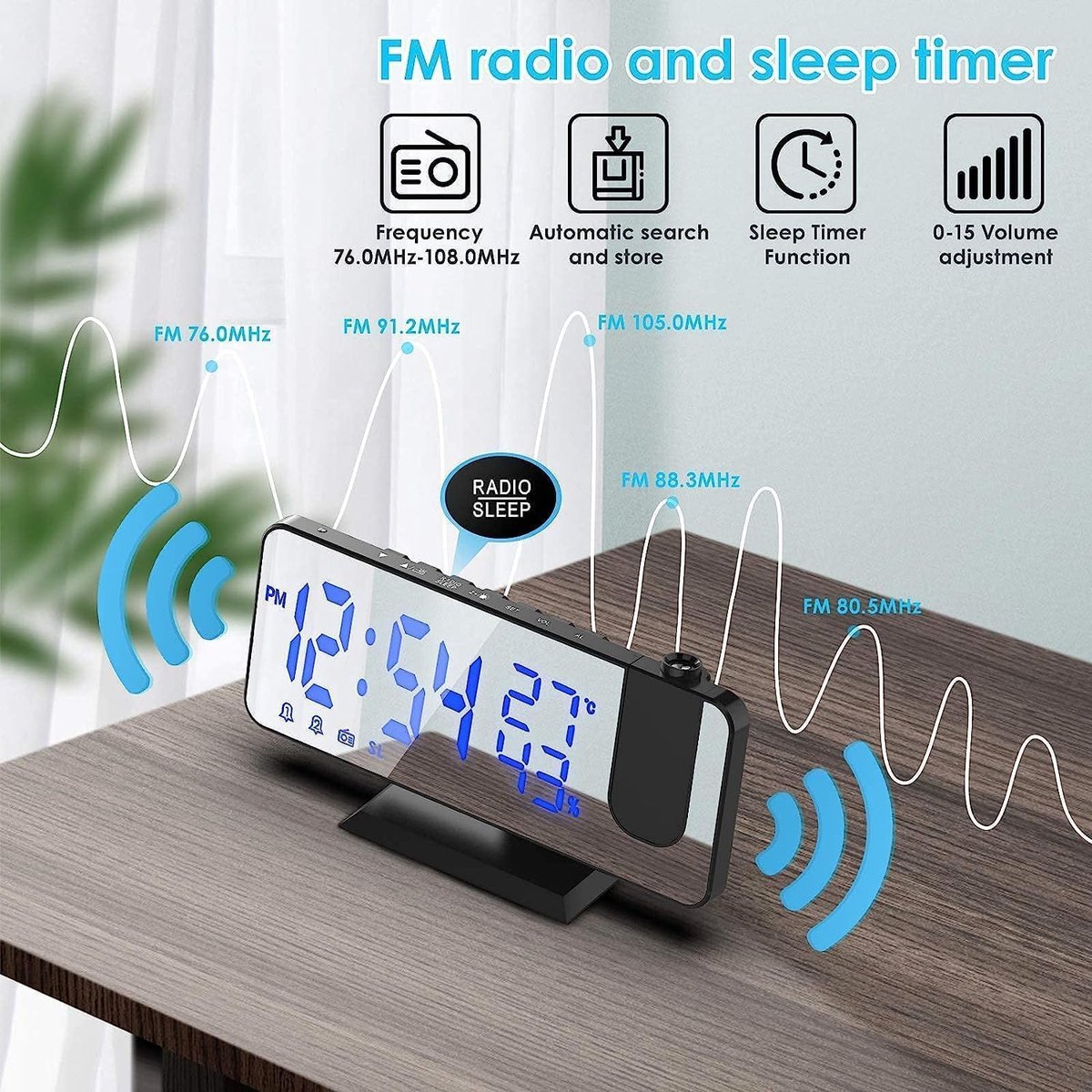 Radio Wekker digital projection with 4 dimmers and 180° rotation - 2 sounds - Groot 7.4'' mirror screen Black-Blue - Image 6