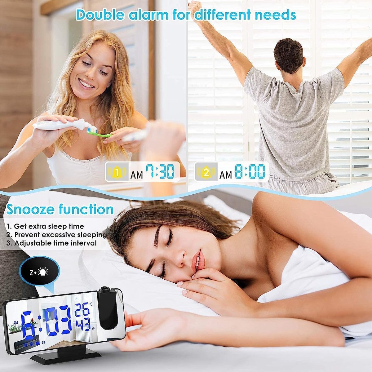 Radio Wekker digital projection with 4 dimmers and 180° rotation - 2 sounds - Groot 7.4'' mirror screen Black-Blue - Image 7