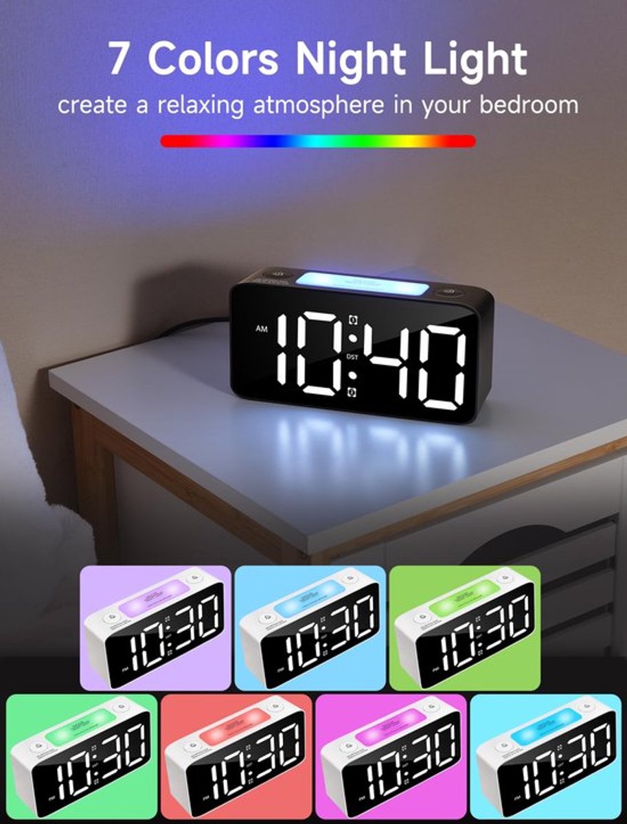Digital Night Light - Extra Powerful - 7-Color Night Light - Ideal for Heavy Sleepers - Adjustable Volume and USB Charging - Place on the Bedside Table - Black - Image 3