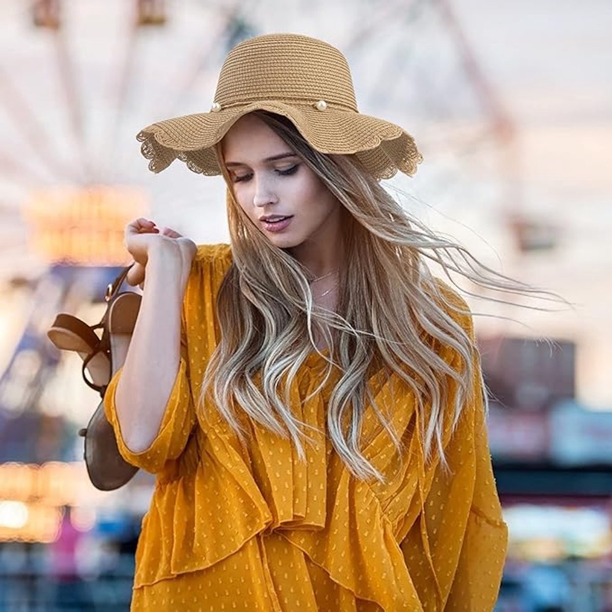 Straw hat - foldable sun hat for women - summer - breathable beach hat with wide brim and soft edge - with beautiful beads - UV protection - UPF 50 - suitable for hiking, travel and vacations - Image 3