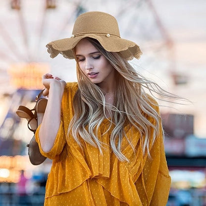 Straw hat - foldable sun hat for women - summer - breathable beach hat with wide brim and soft edge - with beautiful beads - UV protection - UPF 50 - suitable for hiking, travel and vacations - Image 3