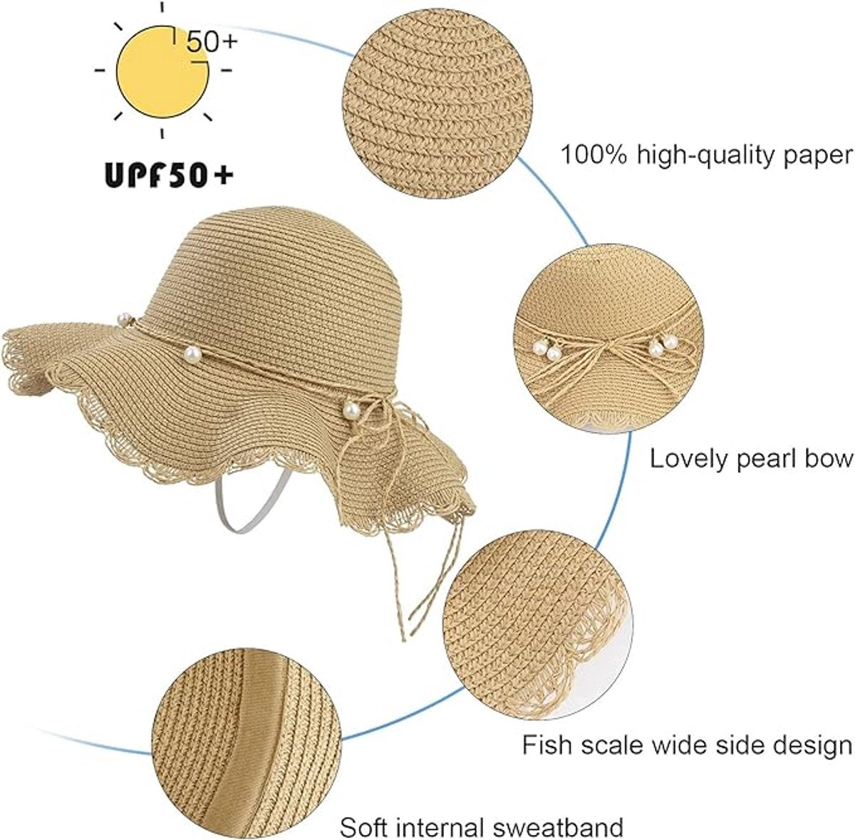 Straw hat - foldable sun hat for women - summer - breathable beach hat with wide brim and soft edge - with beautiful beads - UV protection - UPF 50 - suitable for hiking, travel and vacations - Image 5