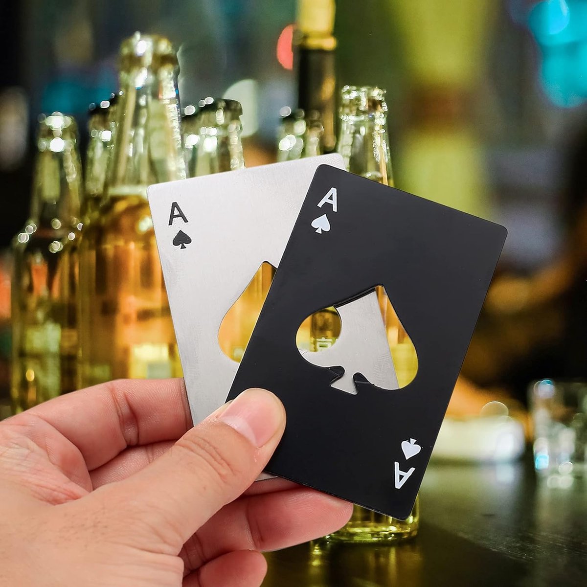 Bottle opener set - Practical and fun bottle opener - Fits in a wallet - Ideal gift for dad - Beers - Soft drinks - Baking soda and poker - Black and silver (20 - Black - White) - Image 2