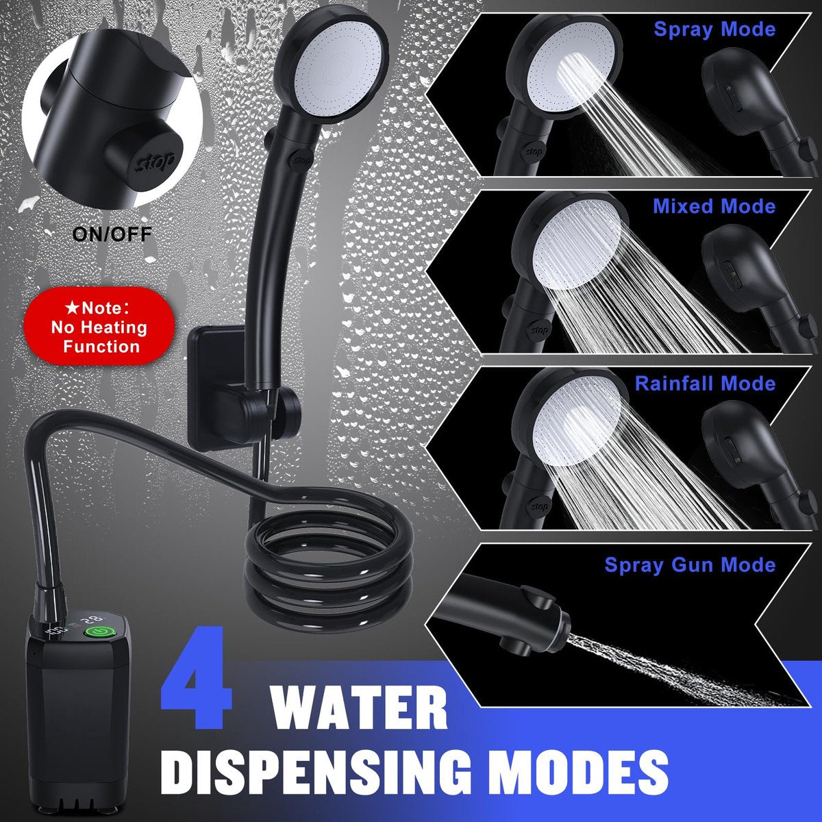 Portable Camping Shower - 6000mAh Rechargeable Shower Pump - With Smart LED Display - 4 Spray Modes - IPX7 Waterproof Outdoor Shower - For Hiking, Travel, Car, Pets - Black - Image 2