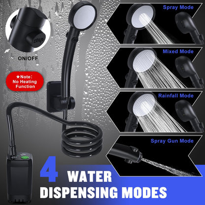 Portable Camping Shower - 6000mAh Rechargeable Shower Pump - With Smart LED Display - 4 Spray Modes - IPX7 Waterproof Outdoor Shower - For Hiking, Travel, Car, Pets - Black - Image 2