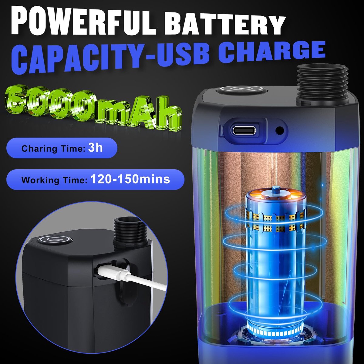 Portable Camping Shower - 6000mAh Rechargeable Shower Pump - With Smart LED Display - 4 Spray Modes - IPX7 Waterproof Outdoor Shower - For Hiking, Travel, Car, Pets - Black - Image 8