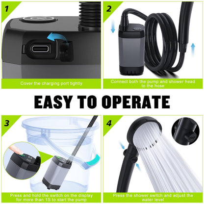 Portable Camping Shower - 6000mAh Rechargeable Shower Pump - With Smart LED Display - 4 Spray Modes - IPX7 Waterproof Outdoor Shower - For Hiking, Travel, Car, Pets - Gray - Image 7