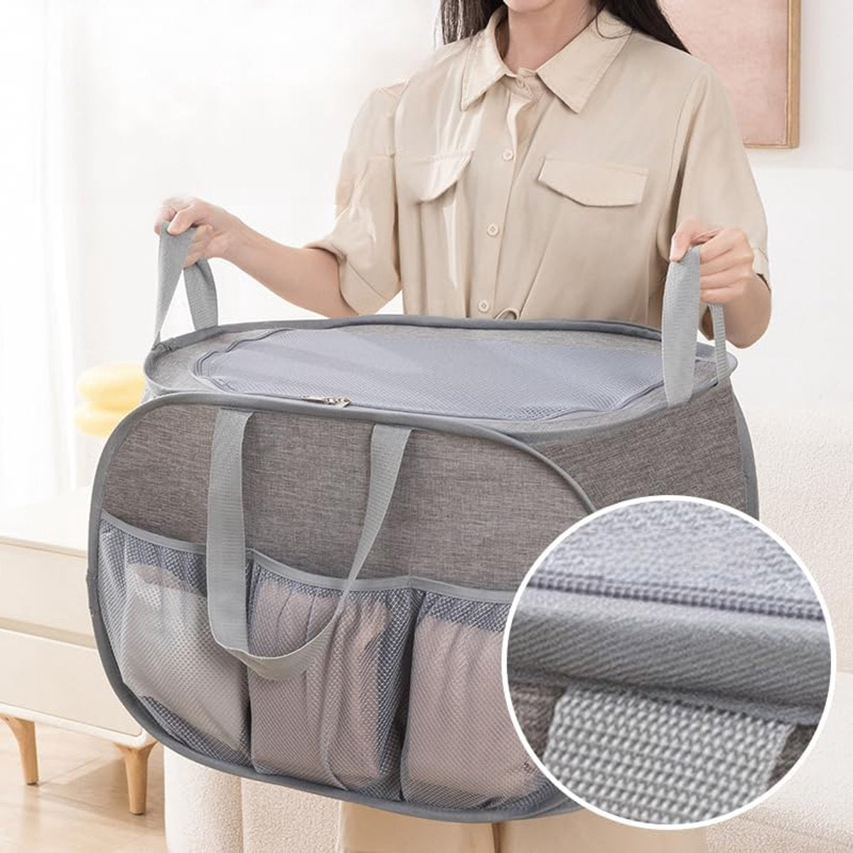 Foldable Laundry Basket - Foldable Laundry Basket with Lid - Storage Basket with Handles - Large Capacity Foldable Laundry Basket - Waterproof for Children's Room, Camping and Travel - Grey - 36 x 36 x 58 cm - Image 3